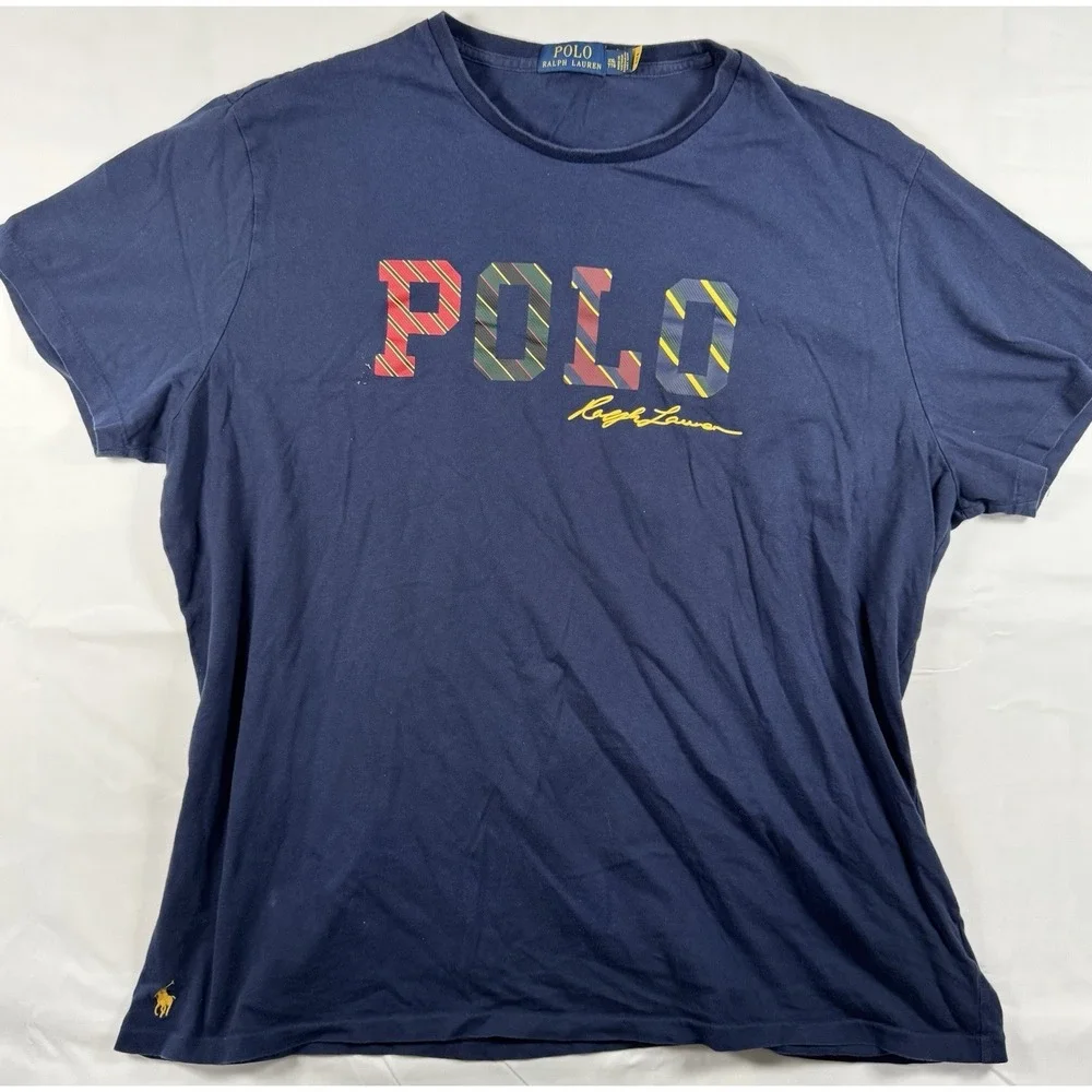 Polo Ralph Lauren Mens XXL TTG Tall Navy Blue Yellow Pony POLO Spellout T-Shirt
